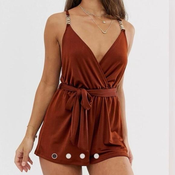 ASOS River Island Romper Shorts Womens 8 Brown Playsuit Wrap Sleeveless Belted - Picture 3 of 11
